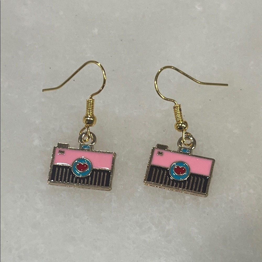 Chic Gold and Pink Camera Earrings Barbie Inspired Jewelry